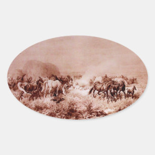 HORSES GRAZING ,Antique Brown Sepia Oval Sticker