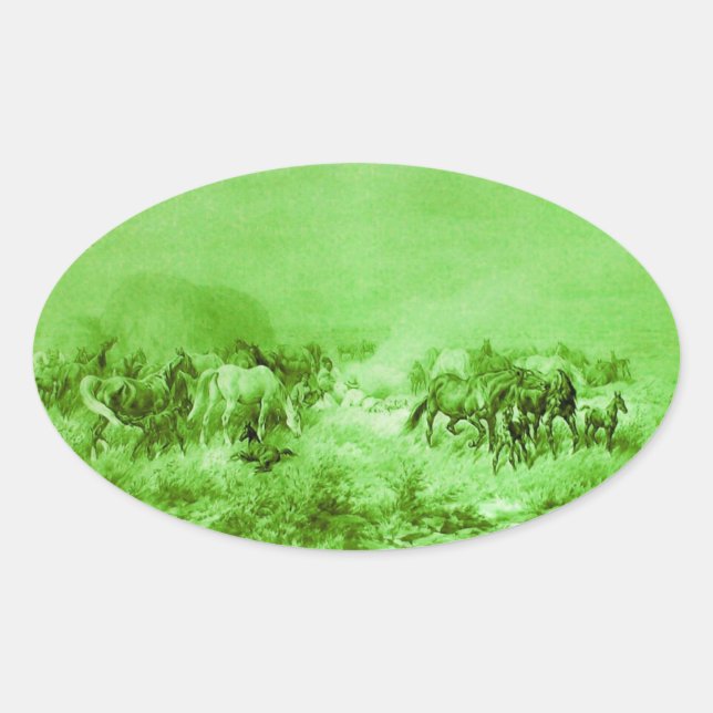 HORSES GRAZING ,Antique Light Green Oval Sticker (Front)