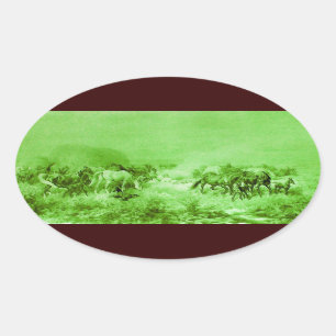 HORSES GRAZING ,Antique Light Green Oval Sticker