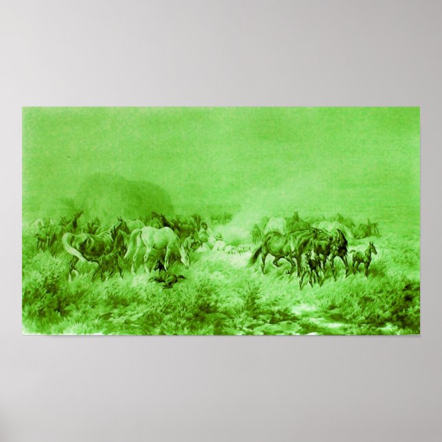 HORSES GRAZING Antique Light Green Poster (Front)