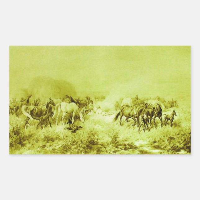 HORSES GRAZING ,Antique Olive Green Rectangular Sticker (Front)