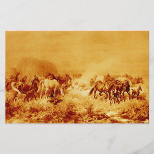 HORSES GRAZING Antique Orange Yellow Brown Sepia Stationery