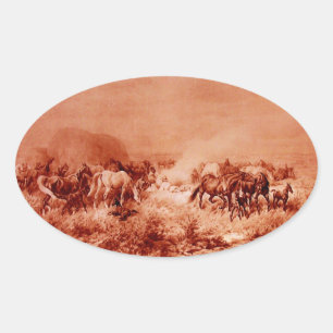 HORSES GRAZING ,Antique Red Brown Pink Oval Sticker