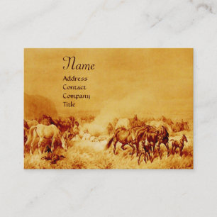 HORSES GRAZING , gold brown sepia Business Card