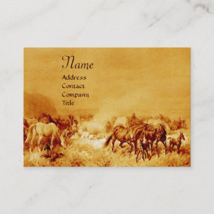 HORSES GRAZING , gold metallic, brown seppia Business Card