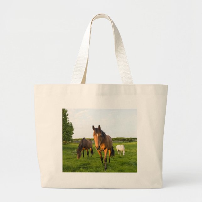 Horses Grazing Large Tote Bag (Front)
