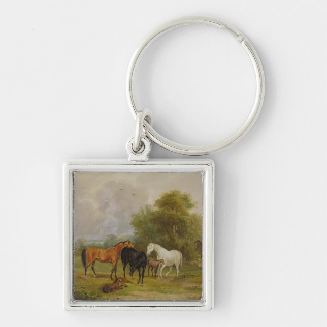 Horses Grazing: Mares and Foals in a Field (oil on Key Ring (Front)