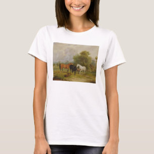 Horses Grazing: Mares and Foals in a Field (oil on T-Shirt
