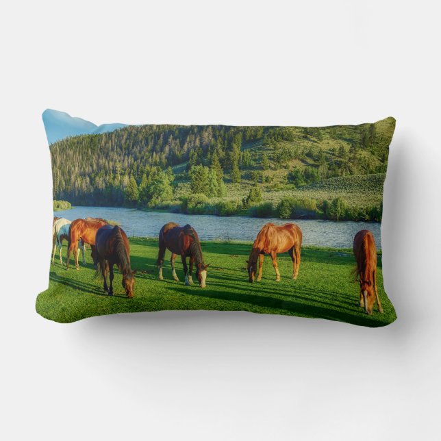 Horses Grazing Near A River And Mountain  Lumbar Cushion (Front)