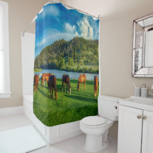 Horses Grazing Near A River And Mountain Shower Curtain