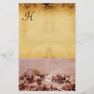 HORSES GRAZING PARCHMENT MONOGRAM Brown Sepia Stationery