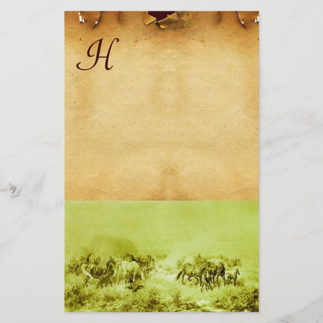 HORSES GRAZING PARCHMENT MONOGRAM Green Brown Stationery (Front)