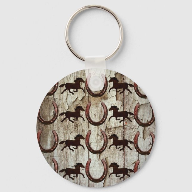 Horses Horseshoes on Barn Wood Cowboy Gifts Key Ring (Front)
