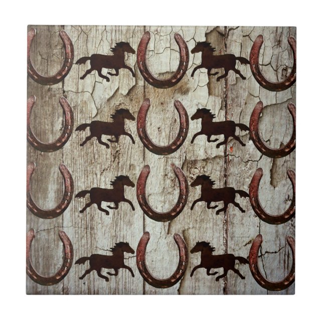Horses Horseshoes on Barn Wood Cowboy Gifts Tile (Front)