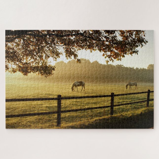 Horses in a field on a sunny morning jigsaw puzzle (Horizontal)