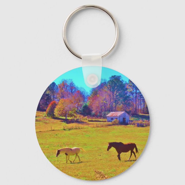 Horses in a Rainbow Coloured Field Key Ring (Front)