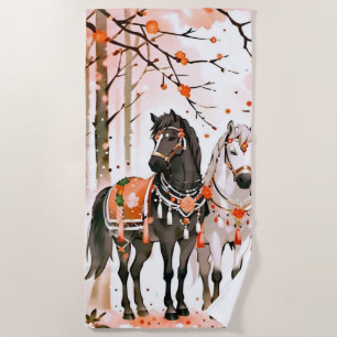 Horses in a Red Forest Beach Towel