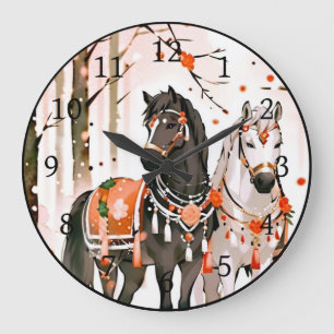 Horses in a Red Forest Large Clock