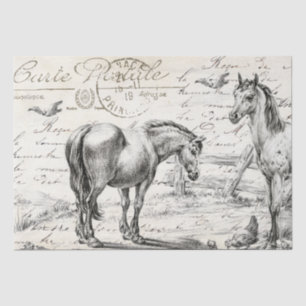 Horses in Pasture Fence French Script Decoupage    Tissue Paper