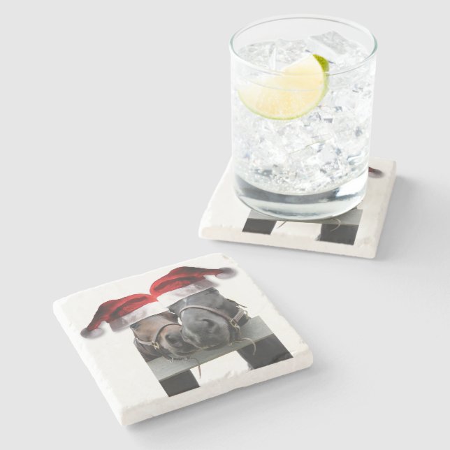 Horses in Santa Claus Hats Stone Coaster (Side)