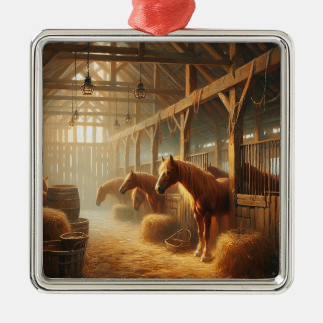 Horses in the barn metal tree decoration (Front)