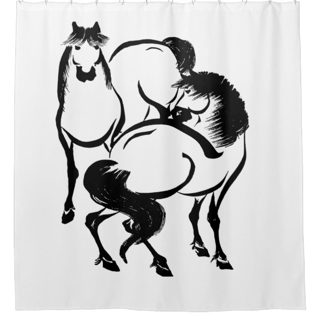 Horses Japanese Sumi-e Painting Your Custom Colour Shower Curtain (Front)