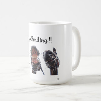Horses looked in the mouth. 3 horses laughing. coffee mug