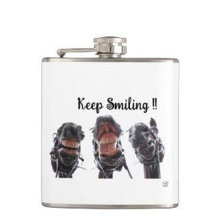 Horses looked in the mouth. 3 horses laughing. hip flask