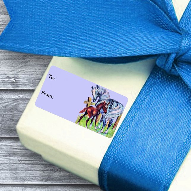 Horses Mum Baby Gift Tags (Mother horse with brown baby colt in grass by fence on periwinkle blue gift tag labels.)