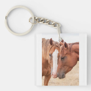 Horses nuzzling in a pasture key ring