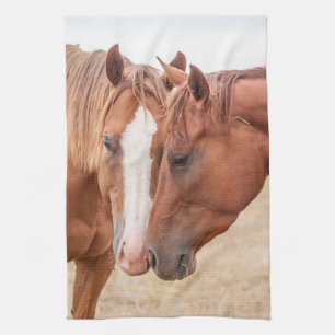 Horses nuzzling in a pasture tea towel