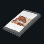 Horses nuzzling in a pasture trifold wallet<br><div class="desc">Two horses, a stallion and mare, stand side by side in an outdoor setting. The stallion is a liver, or sorrel, coloured mustang horse with a full, brown mane and a white snout. The mare is mostly white with a few brown patches and a shorter mane. The horses are standing...</div>