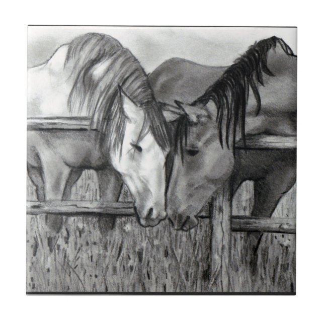Horses Nuzzling: Pencil Drawing, Realism Tile (Front)