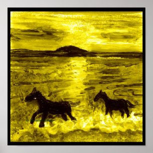 Horses on a Golden Seashore Equine Poster