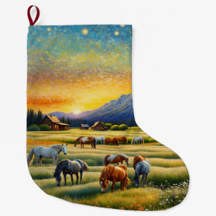 Horses on Farm Wildflower Meadow Large Christmas Stocking