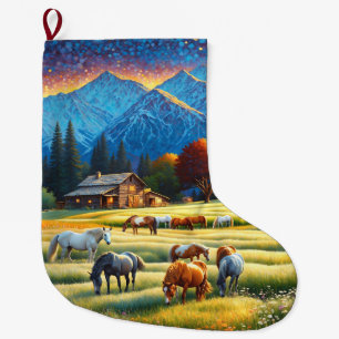 Horses on Farm Wildflower Meadow Large Christmas Stocking