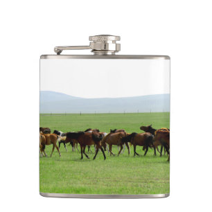 Horses on Pasture - Landscape Photograph Hip Flask