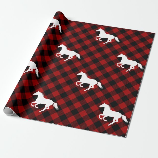 Horses on Red Buffalo Plaid Wrapping Paper (Unrolled)