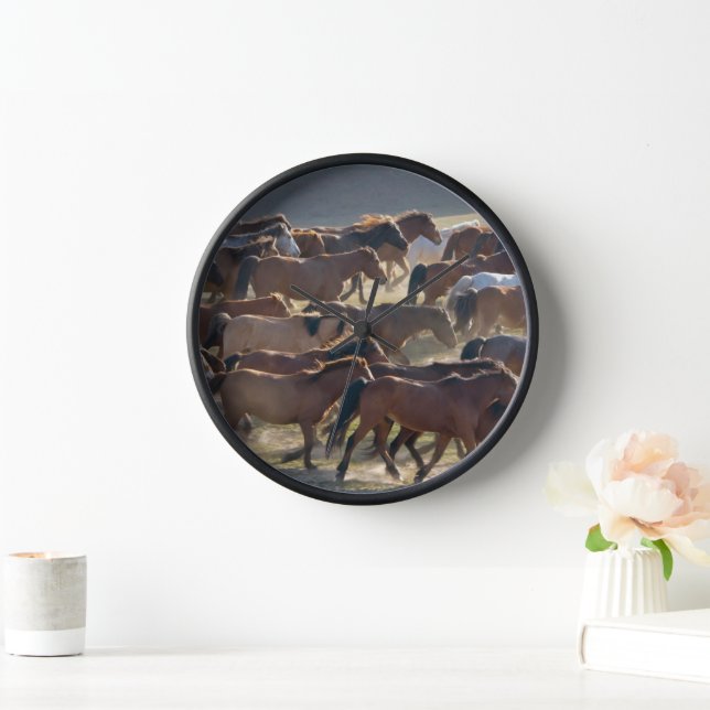 Horses on the ranch, Inner Mongolia, China Clock (Home)