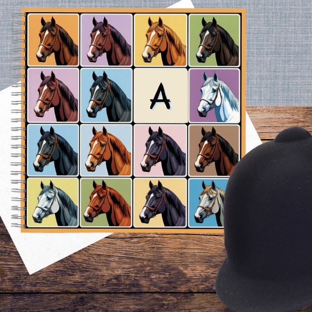 Horses Pattern Equestrian Colourful Monogrammed Notebook (A colorful spiral-bound notebook, with custom monogram initial and horse illustrations on the front)
