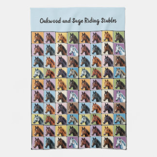 Horses Patterned Colourful Squares Tea Towel