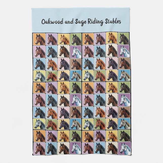 Horses Patterned Colourful Squares Tea Towel (Vertical)