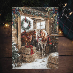 Horses Plaid Country Christmas Winter Barn Scene Holiday Postcard