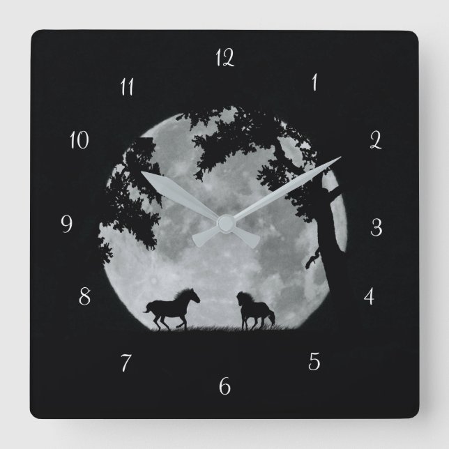 Horses Playing in the Moonlight Fantasy Square Wall Clock (Front)