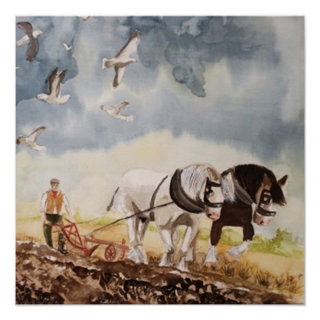 Horses Plowing Watercolour Poster (Front)