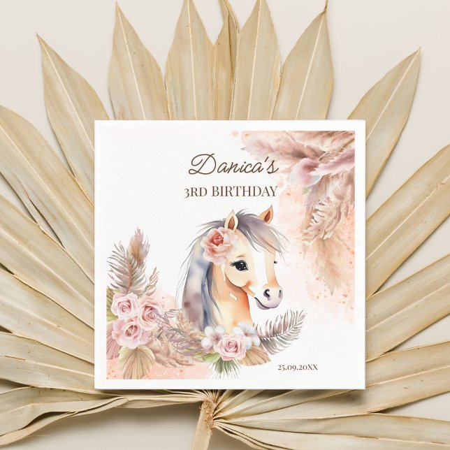 Horses pony themed birthday party tableware napkin (Horse themed birthday party supplies tableware personalized napkins cute horse pampas grass blush)