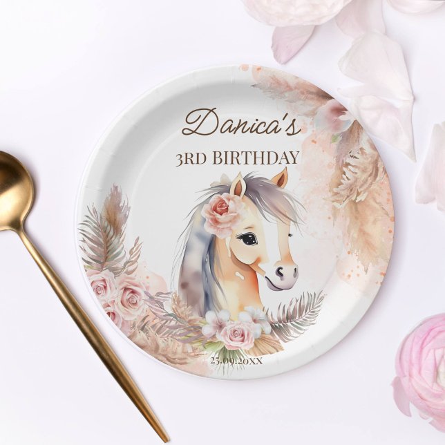 Horses pony themed birthday party tableware paper plate (Horse themed birthday party supplies personalized paper plates cute baby horse pastel roses pampas)