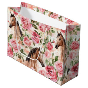 Horses Pretty Pink Roses Floral Birthday Large Gift Bag