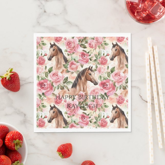 Horses Pretty Pink Roses Floral Birthday Napkin (Insitu)