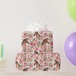 Horses Pretty Pink Roses Floral Birthday Wrapping Paper